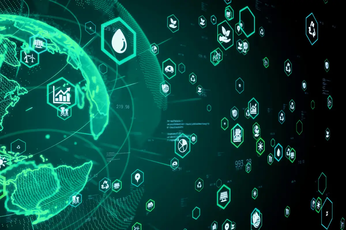 ESG Data Traceability The right half of planet Earth with several ESG-related icons, such as a leaf, a water droplet, and a bar graph, spreading outward.