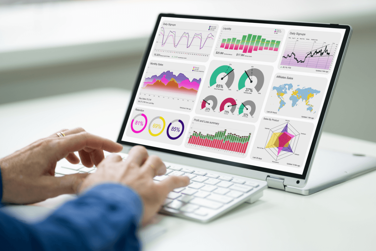 Quality Management KPIs Person typing on a laptop with a monitor displaying a platform that shows various KPIs in different formats (e.g., charts, graphs, tables).